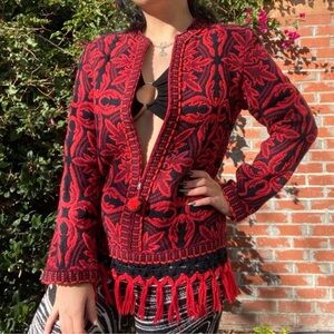 1960 ARVI Damask Print Red/Black Wool Made in Spain Zip Up Coat Jacket L Vintage